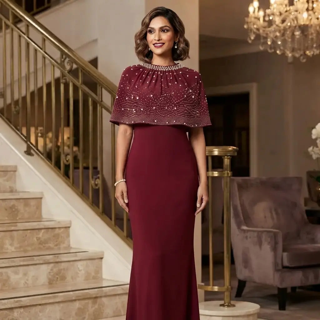 Elegant Maroon Beaded Cape Overlay Dress – Sizes S to L