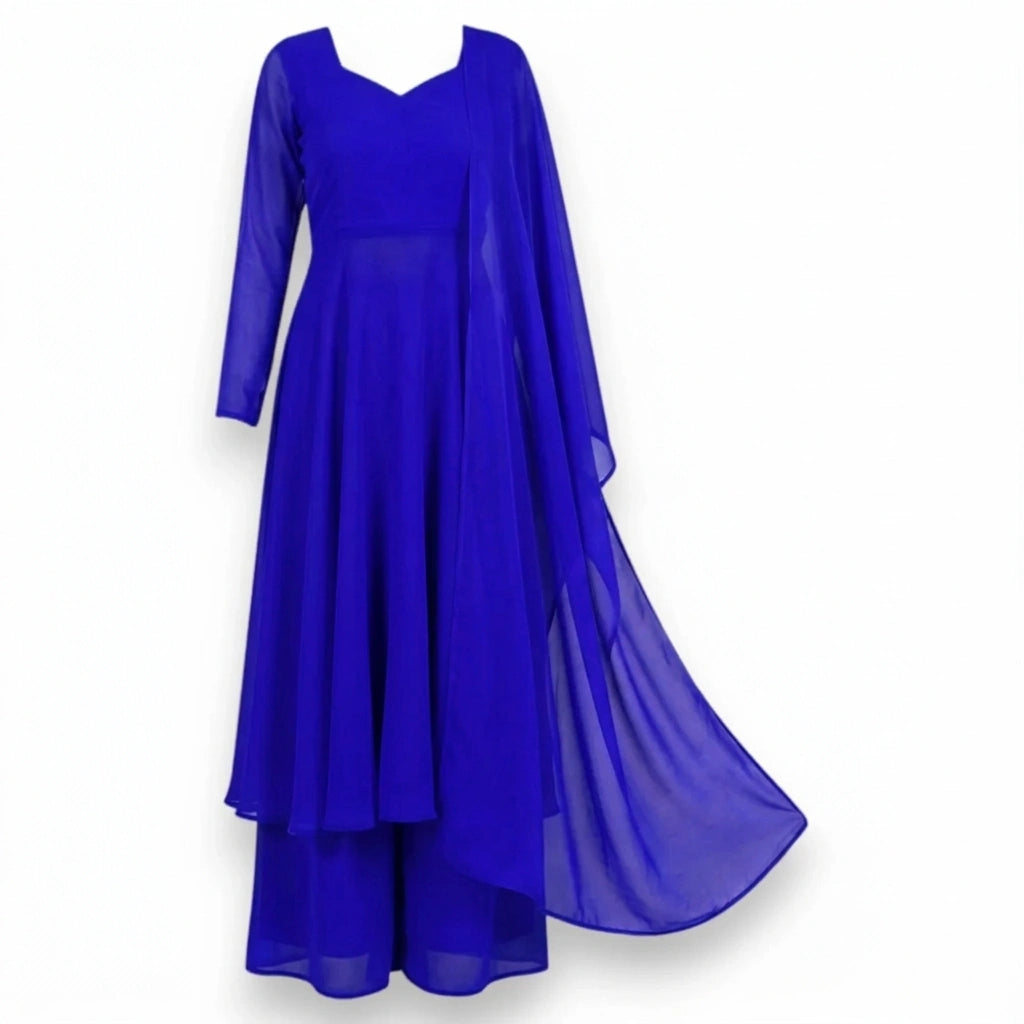 Blue Anarkali Gown Set with Palazzo & Dupatta