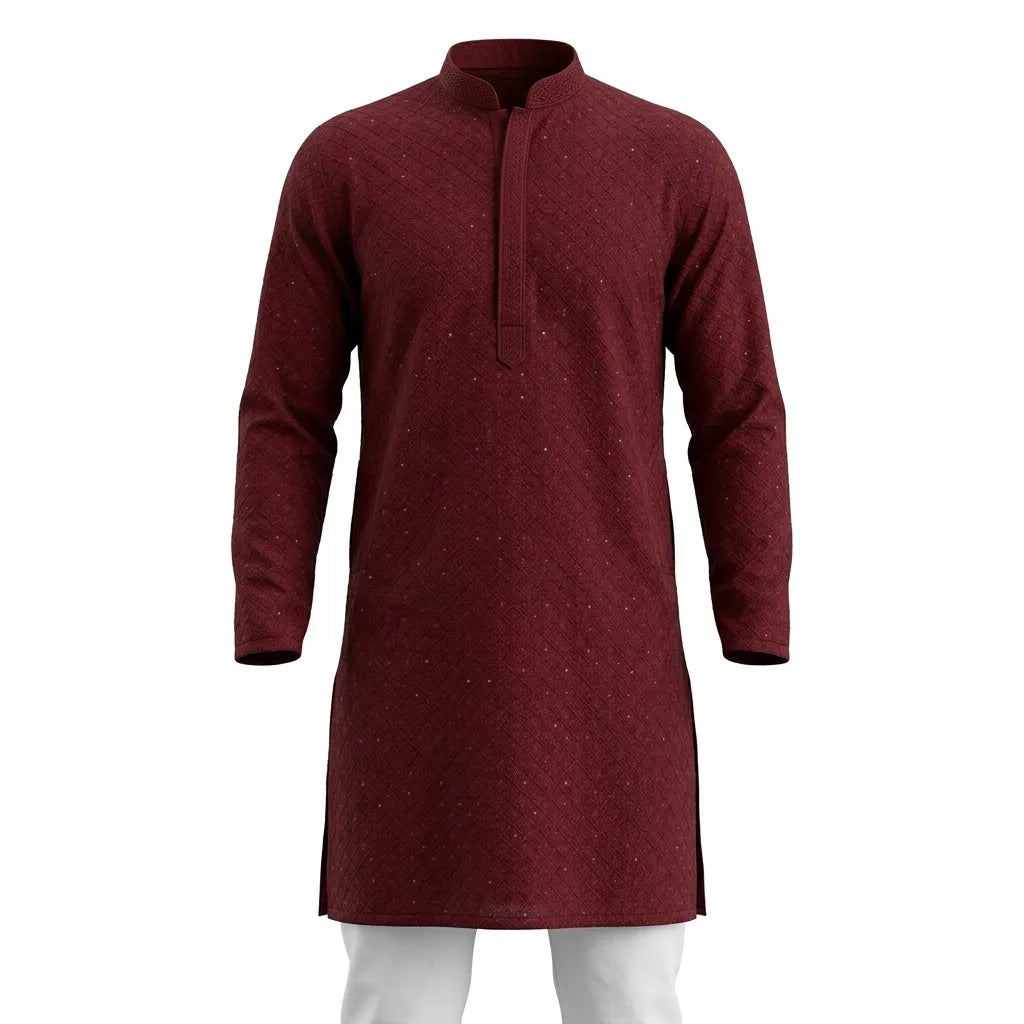 Men's Maroon Chikankari Kurta Pyjama Set