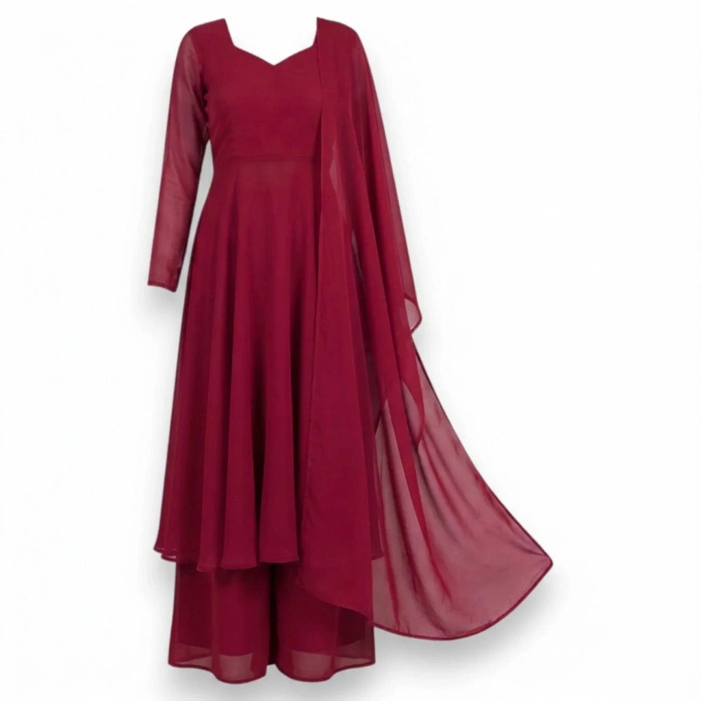 Red Anarkali Gown Set with Palazzo & Dupatta