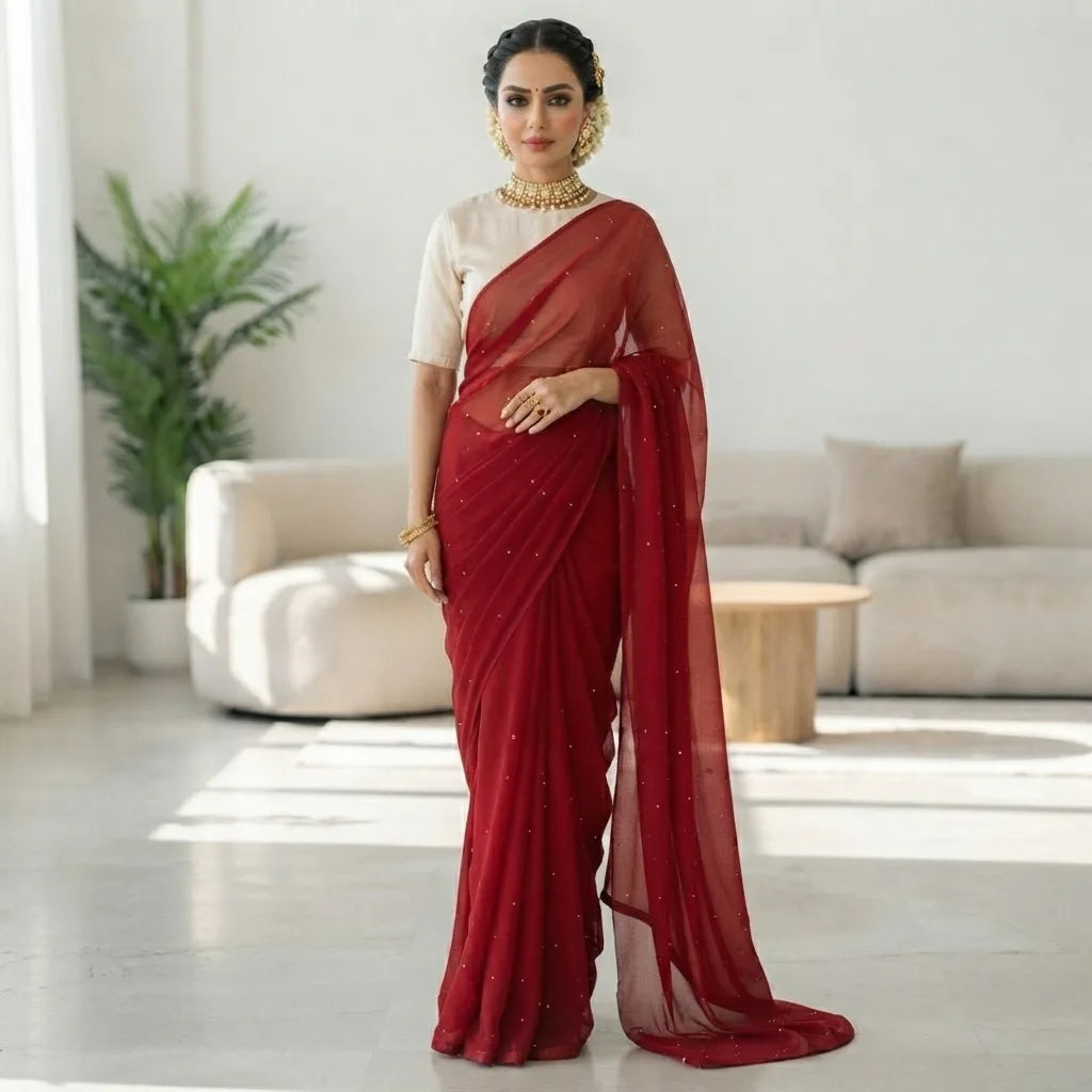 Ruby Red Simple Georgette Saree