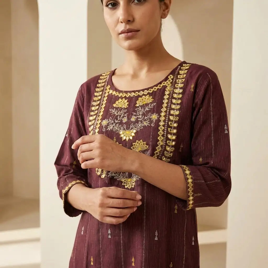 Burgundy Cotton Fabric Kurti Top - Size 40