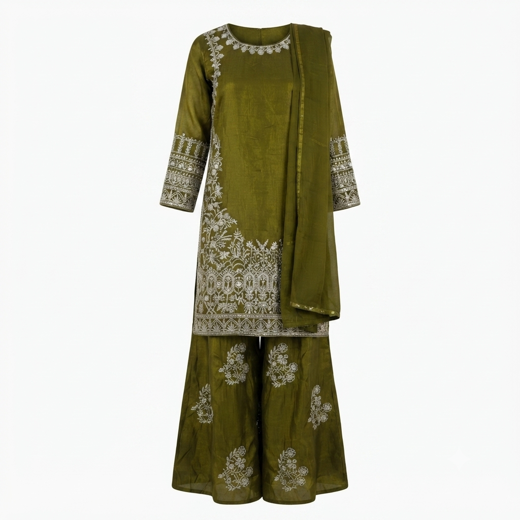 Olive Green Chanderi Silk Suit Set - Ladies Kurti