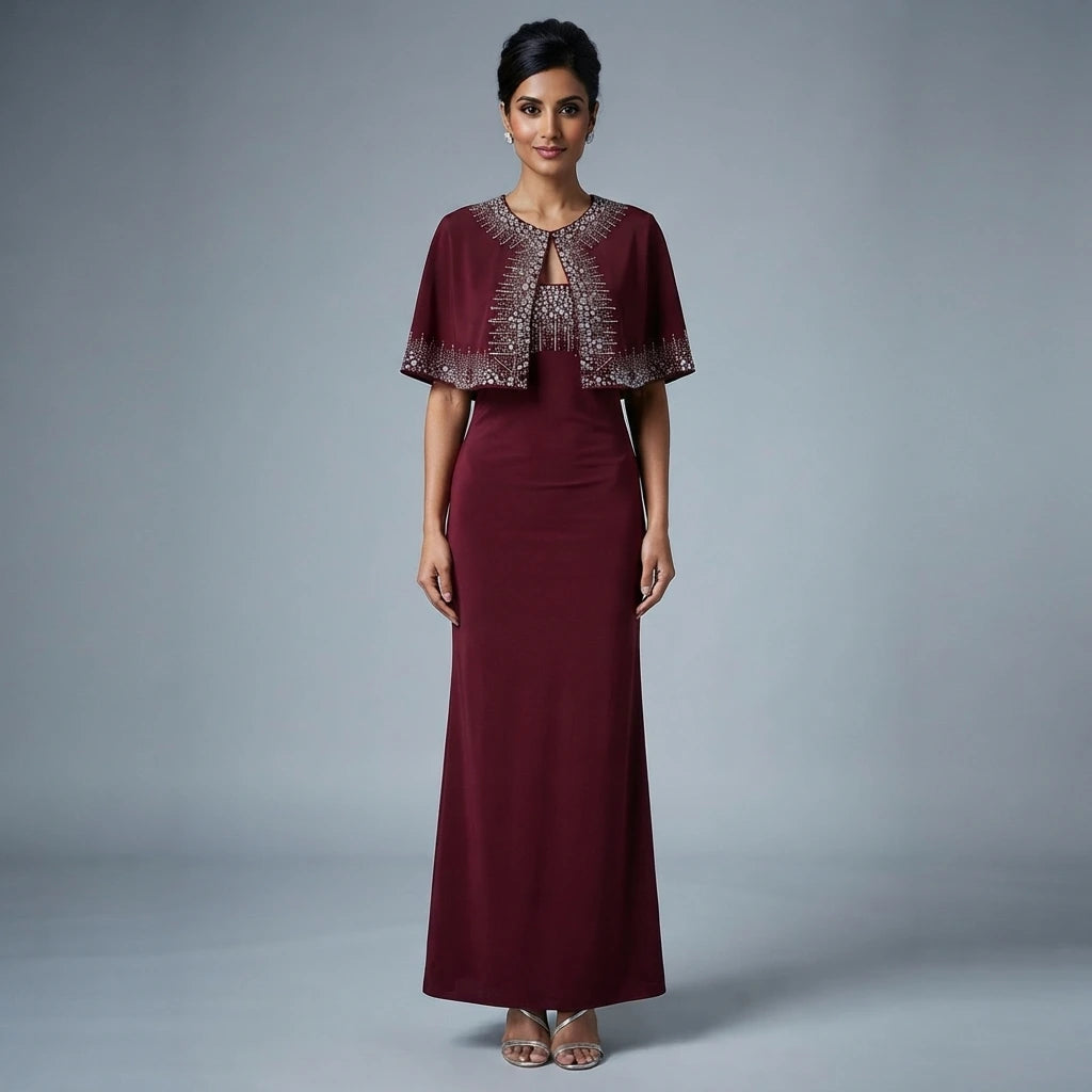 Elegant Maroon Beaded Capelet Overlay Dress - Size S To 1XL