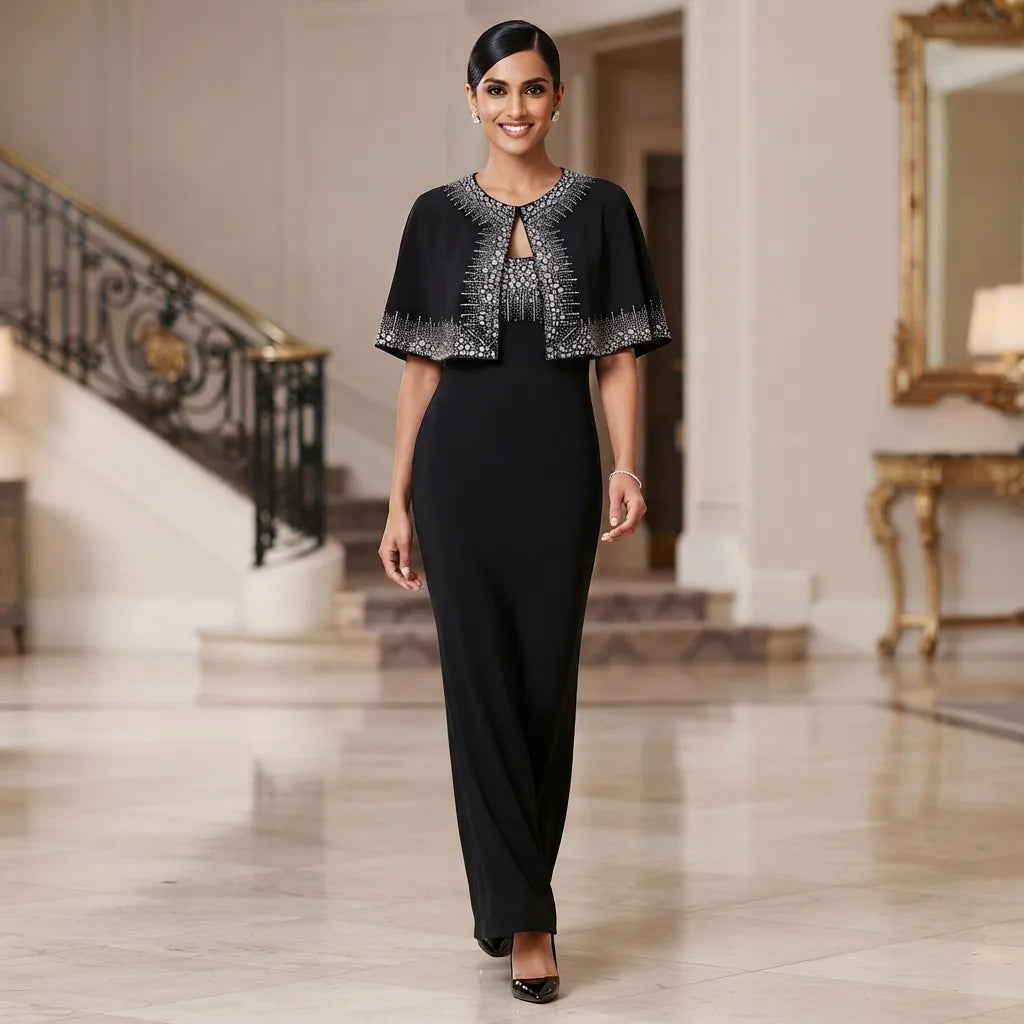 Elegant Black Beaded Capelet Overlay Long Bodycon Evening Dress – Sizes S to L