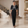 Elegant Black Beaded Capelet Overlay Long Bodycon Evening Dress – Sizes S to L