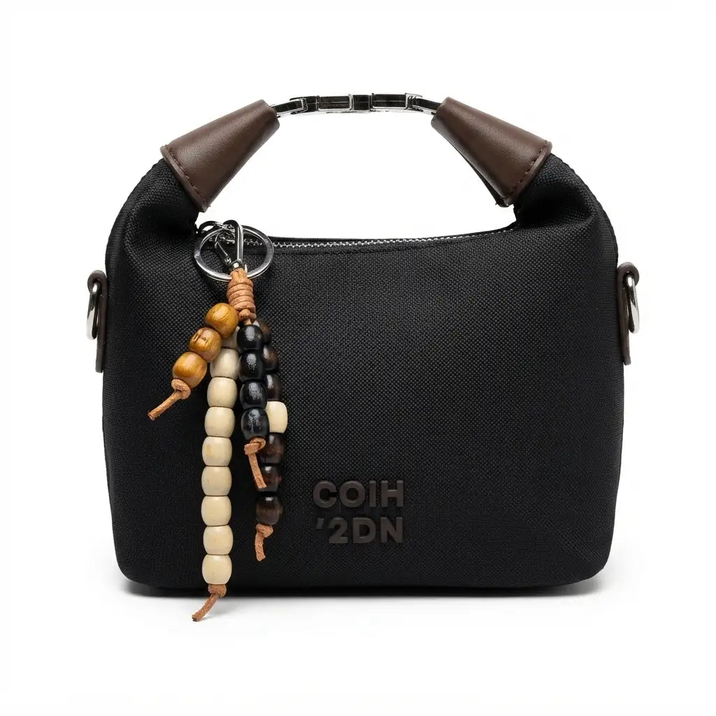 Black Canvas Handbag with Beaded Charm
