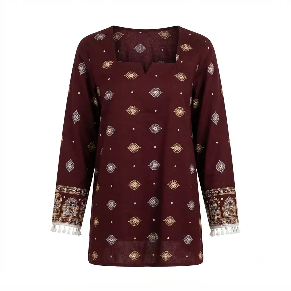 Maroon Embroidered Lily Cotton Short Kurthi