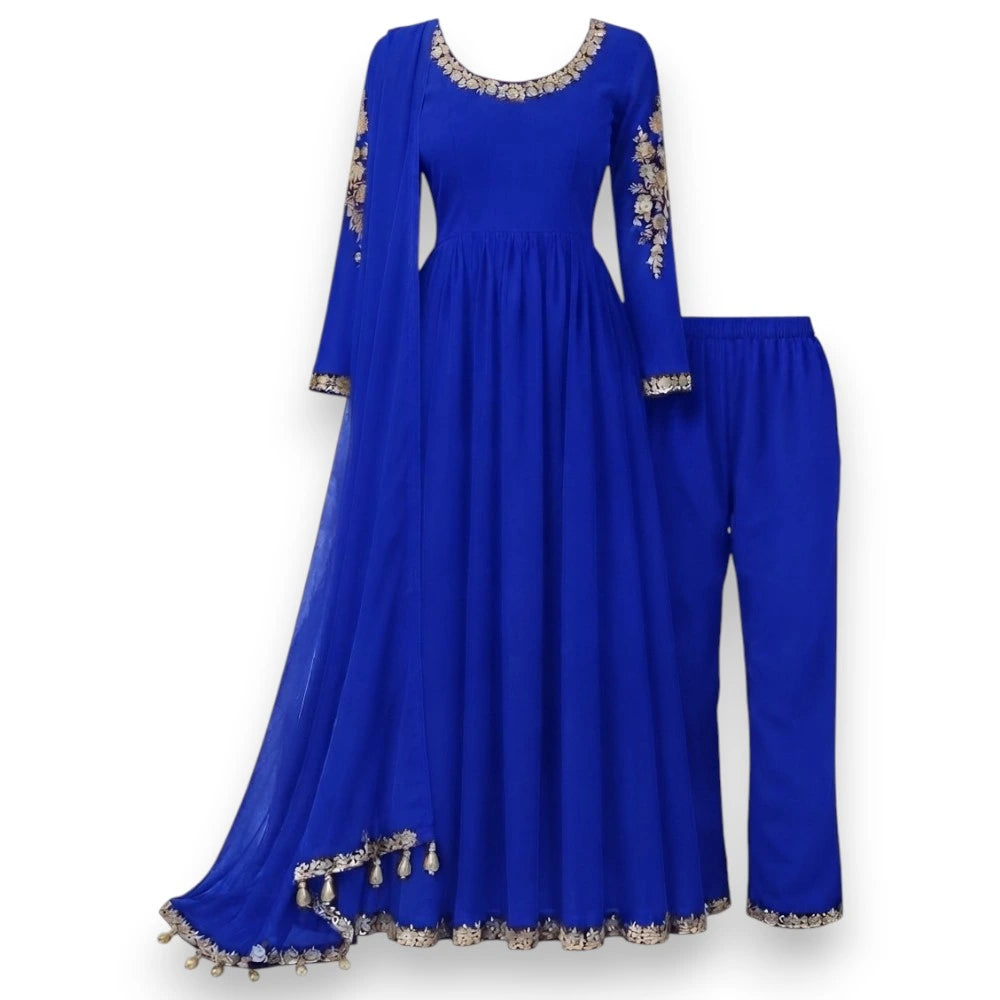 Embroidered Blue Georgette Anarkali Gown Set, Size 34
