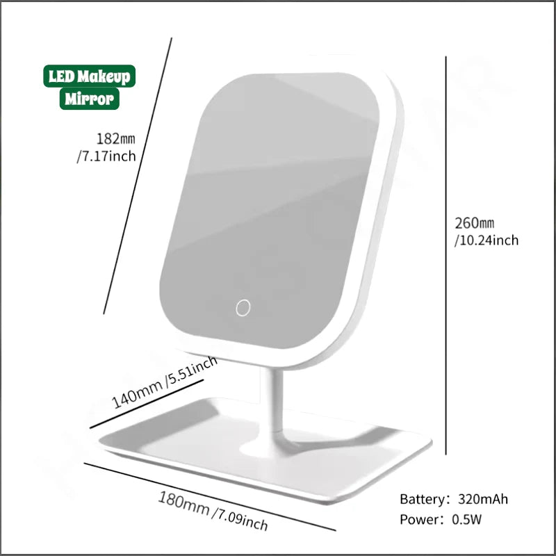 مرآة مكياج LED قابلة لإعادة الشحن مزودة بإضاءة - 3 أوضاع، تحكم باللمس، وسطوع قابل للتعديل
