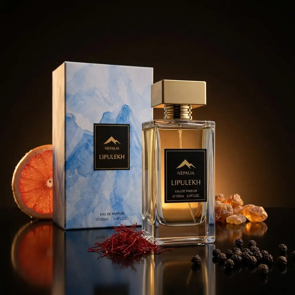 Nepalua Lipulekh Eau de Parfum bottle with a gold cap next to its blue watercolor-patterned box, styled with a sliced orange, saffron threads, and spices on a dark reflective surface.