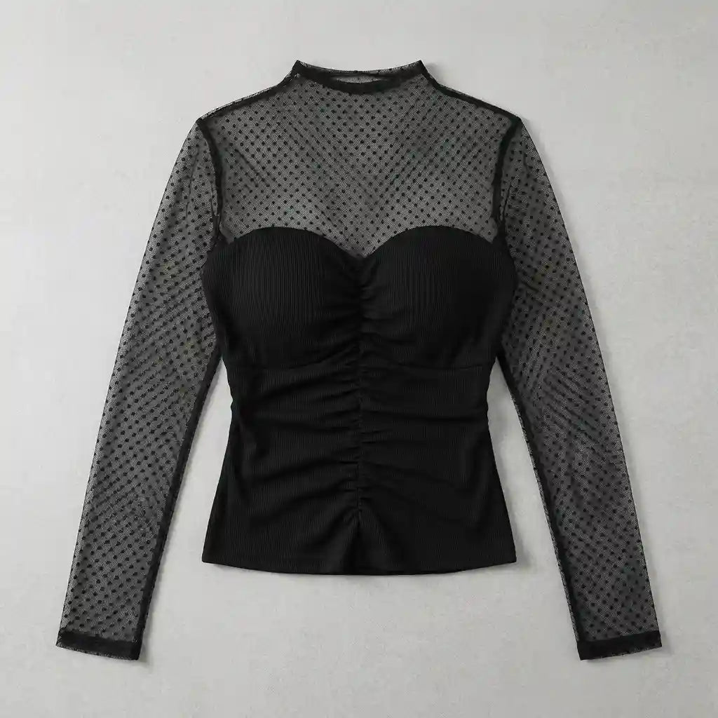 Polka Dot Mesh Patchwork Long Sleeve Party Top