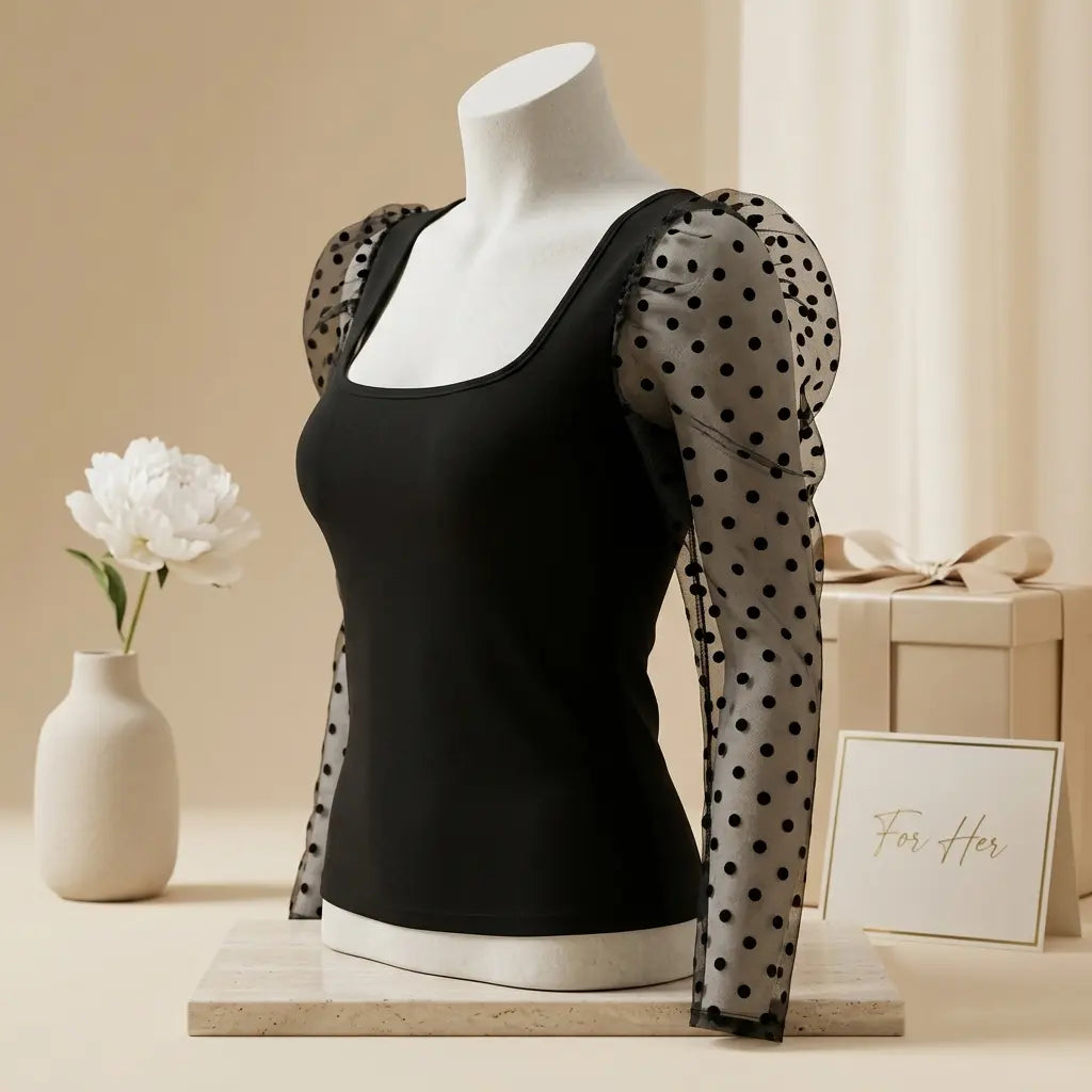 Privé Black Flocked Polka Dot Mesh Gigot Sleeve Top