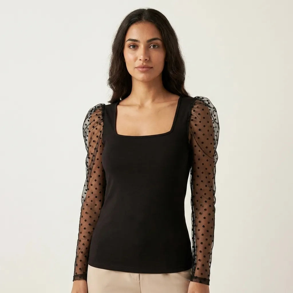 Privé Black Flocked Polka Dot Mesh Gigot Sleeve Top