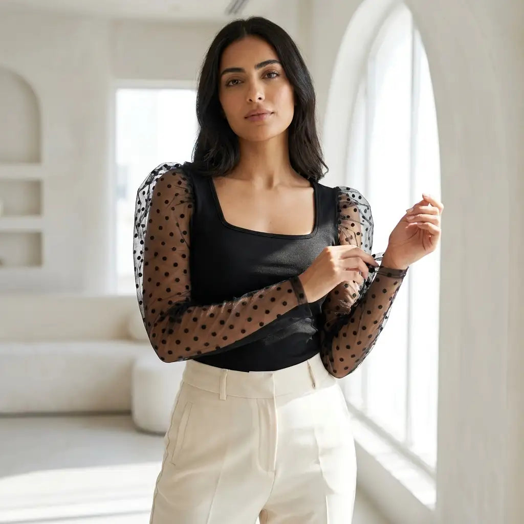 Privé Black Flocked Polka Dot Mesh Gigot Sleeve Top