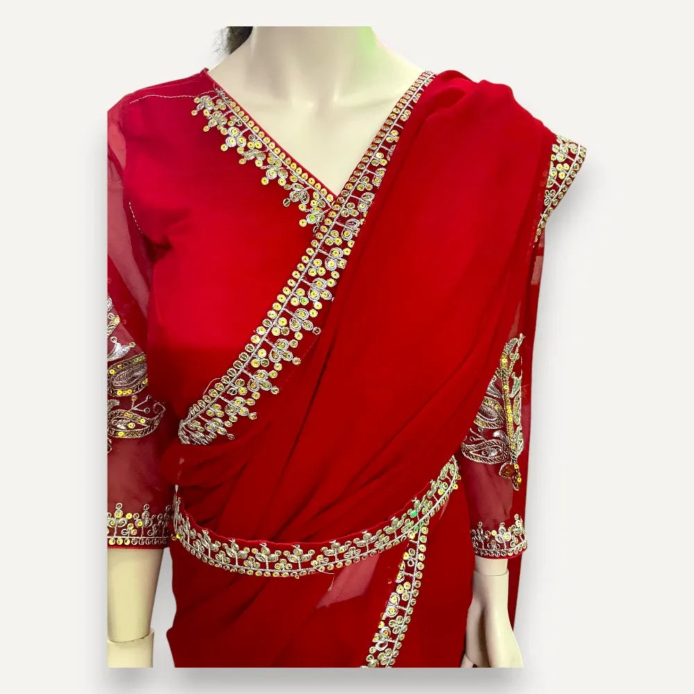 Georgette Saree with Embroidery Work , Stitched Blouse With Belt