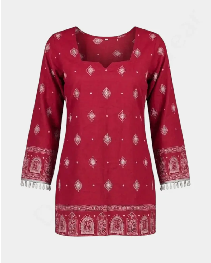 Red Embroidered Lily Cotton Short Kurti