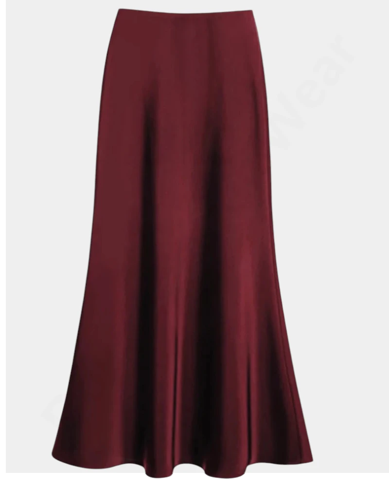 Satin Midi Slip Skirt – High Waist Maroon Long Skirt for Elegant & Chic Summer Looks