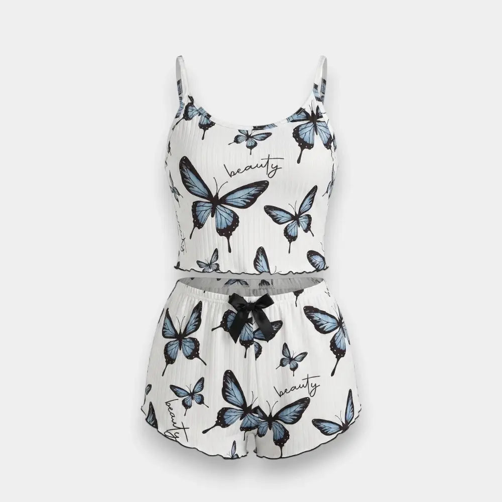 Butterfly Print Camisole & Shorts Pajama Set – Ruffle Detail Sleepwear for Women