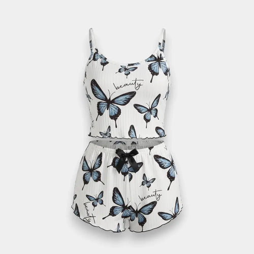 Butterfly Print Camisole & Shorts Pajama Set – Ruffle Detail Sleepwear for Women