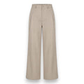 A pair of high-waisted, wide-leg trousers in a light beige or khaki color, shown flat against a plain white background.