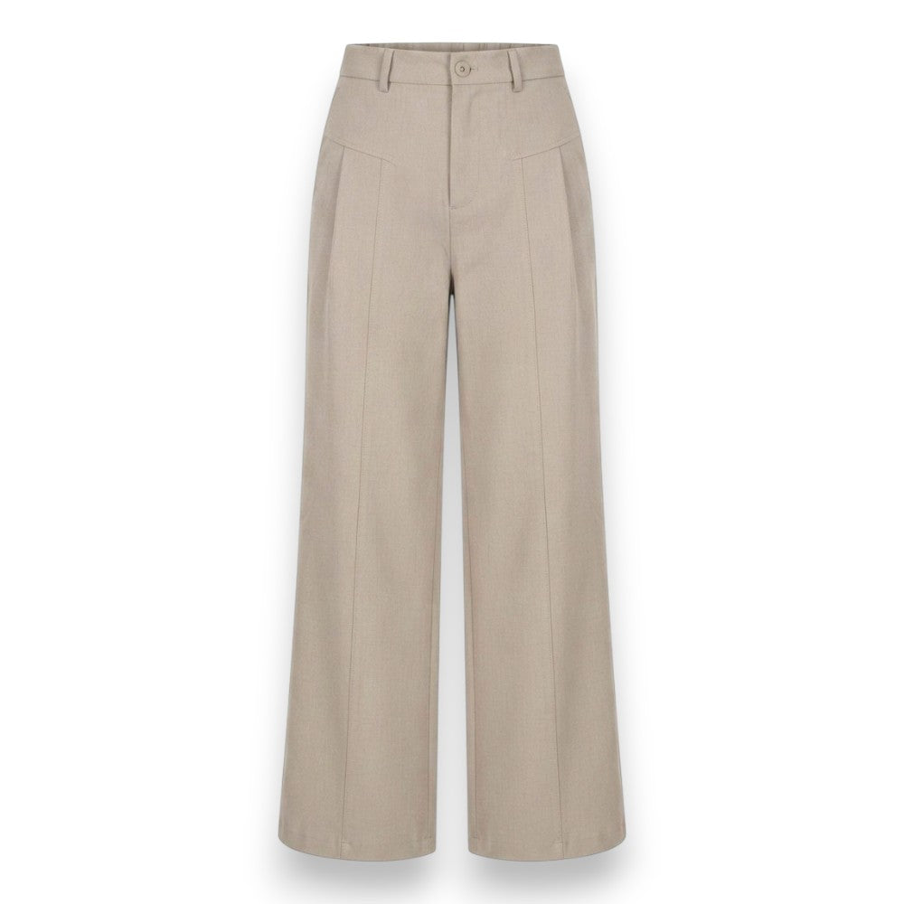 A pair of high-waisted, wide-leg trousers in a light beige or khaki color, shown flat against a plain white background.