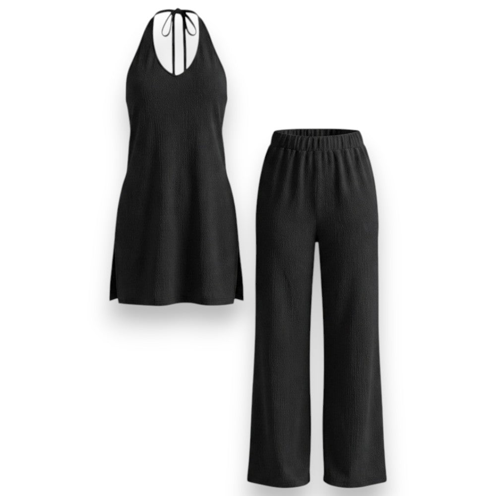 Black Pleated Knit Halter Cord Set - Size XS to M