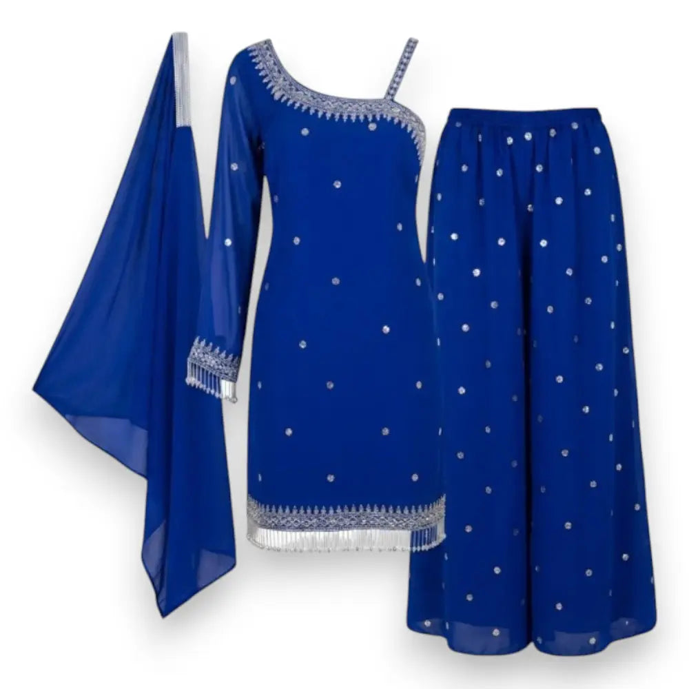 Blue Georgette One-Shoulder Kurta & Sharara Set