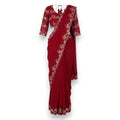 Floral Embroidered Red Chiffon Saree & Blouse Set