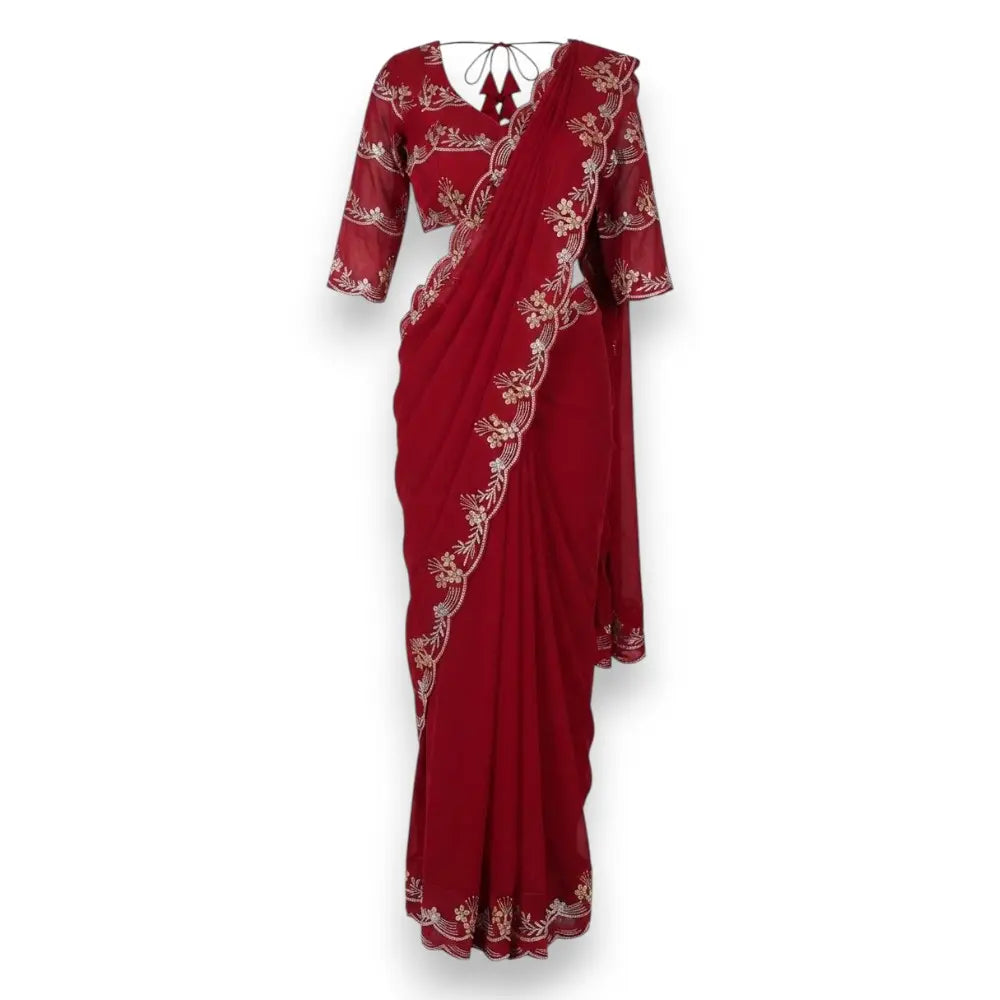 Floral Embroidered Red Chiffon Saree & Blouse Set