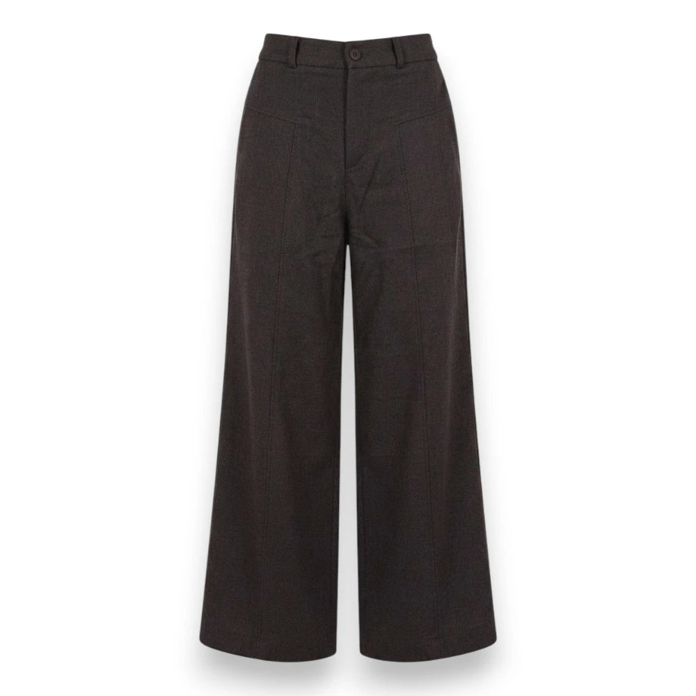 A pair of dark brown wide-leg cropped trousers with a subtle textured weave, shown against a plain white background.