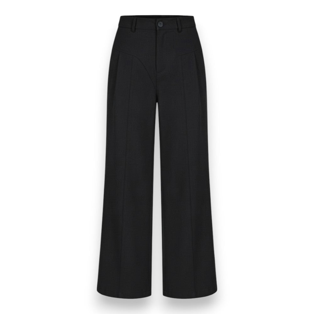 Black wide-leg cropped trousers with a button waistband, shown on a plain white background.