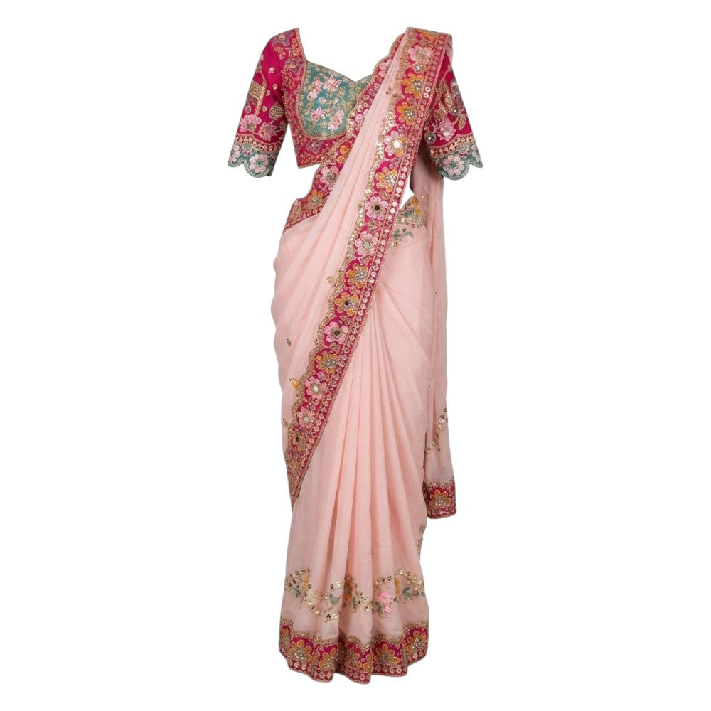 Floral  Soft Pink Rangoli Silk Saree with Real Mirror & Banglori Silk Corset Blouse (Size 40–42)