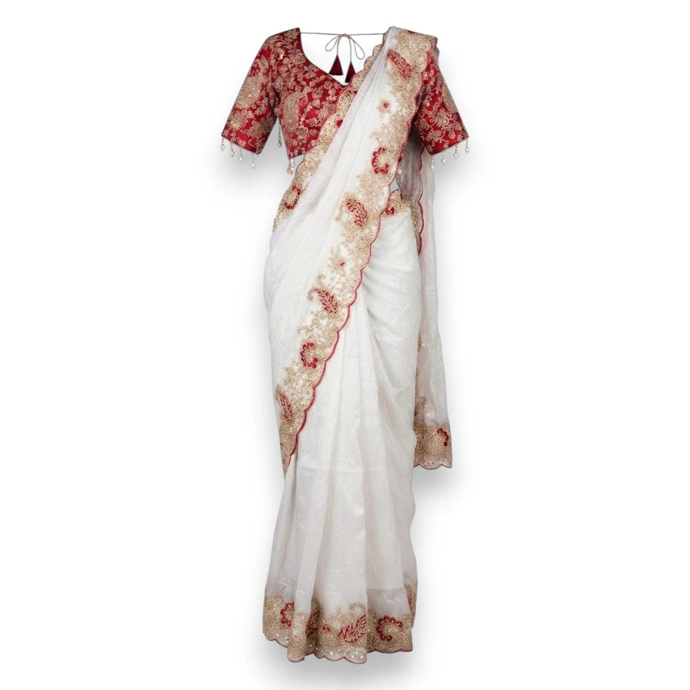 White Festive Saree with Red Embroidered Blouse