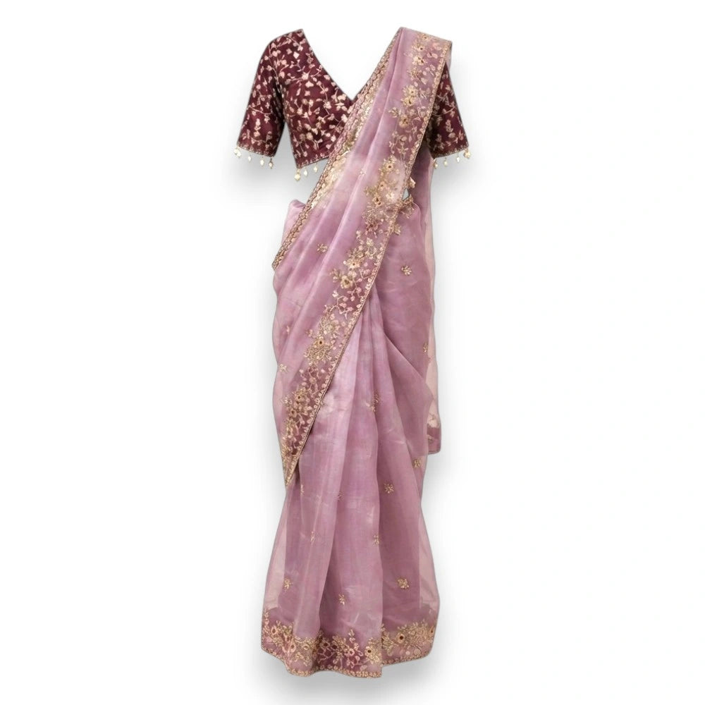 Dusty Purple Saree Set with Maroon Embroidered Blouse (Size 38–40)
