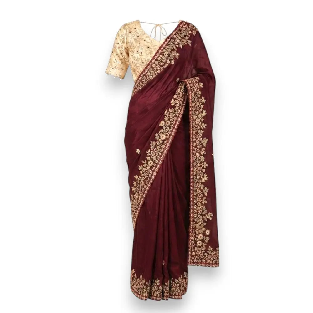 Designer Wine & Gold Saree with Matching Blouse Set