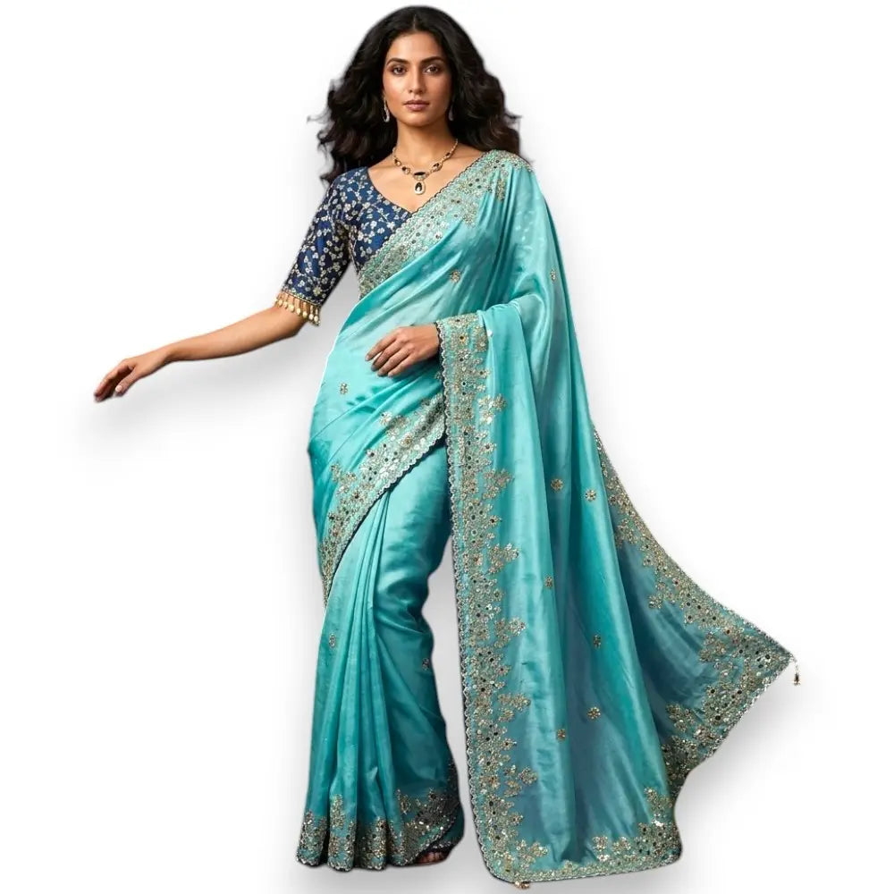 Elegant Blue & Aqua Embroidered Saree (Size 40-42)