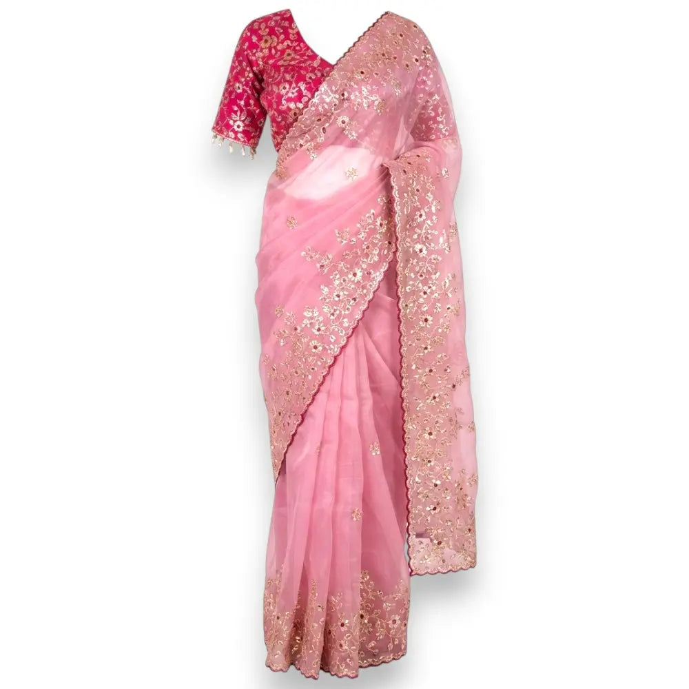 Embellished Pink Organza Saree with Designer Blouse - Size (40 To 42)