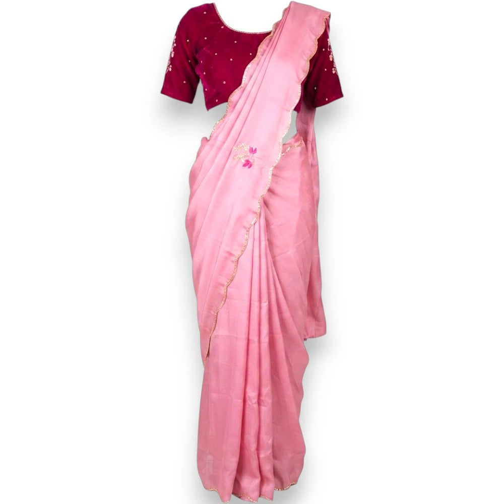 Simple & Elegant Pink Saree with Dark Pink Velvet Blouse - Size 38 to 40