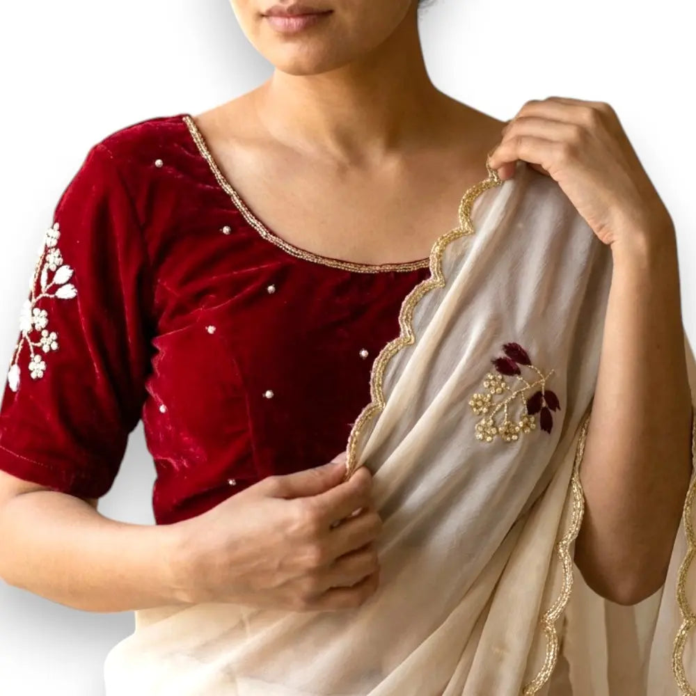 Elegant Off-White Saree with Maroon Velvet Blouse - Size 38 to 40