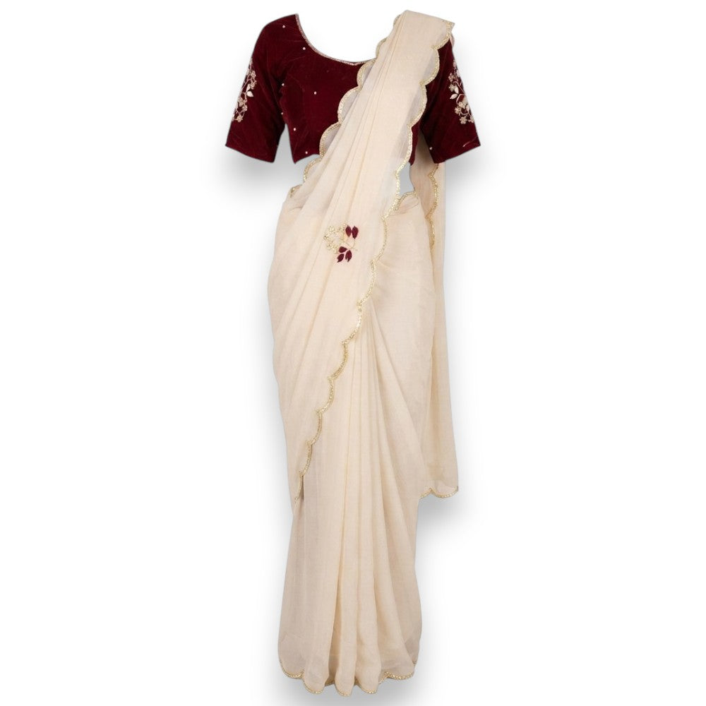 Elegant Off-White Saree with Maroon Velvet Blouse - Size 38 to 40
