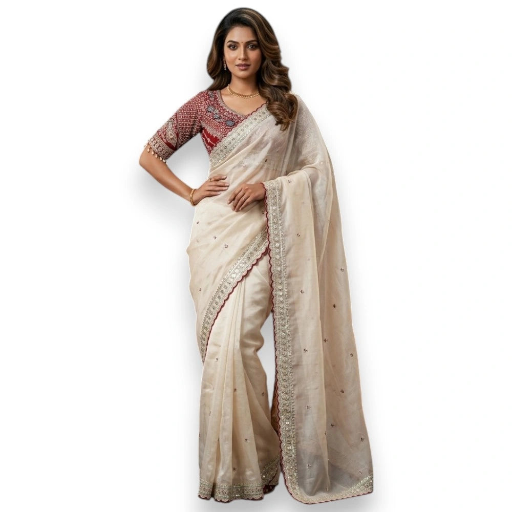 Heavily Embellished Off-White Saree with Maroon Designer Blouse - Size 40 to 42