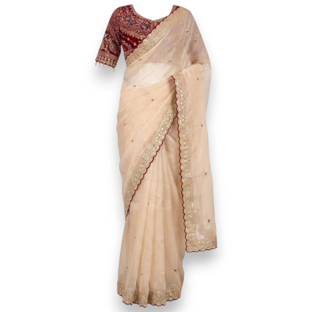 Heavily Embellished Off-White Saree with Maroon Designer Blouse - Size 40 to 42