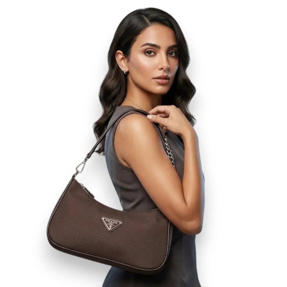 PADRE Brown Textured Canvas Hobo Bag with Chain Strap