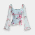 Women's Square Neck Floral Print Bell Sleeve Top with Bowknot Tie & Asymmetric Hem