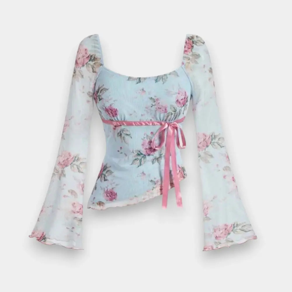 Women's Square Neck Floral Print Bell Sleeve Top with Bowknot Tie & Asymmetric Hem
