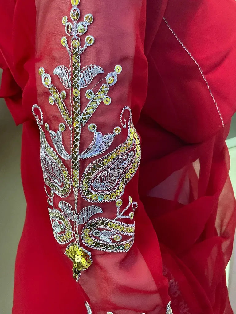 Georgette Saree with Embroidery Work , Stitched Blouse With Belt