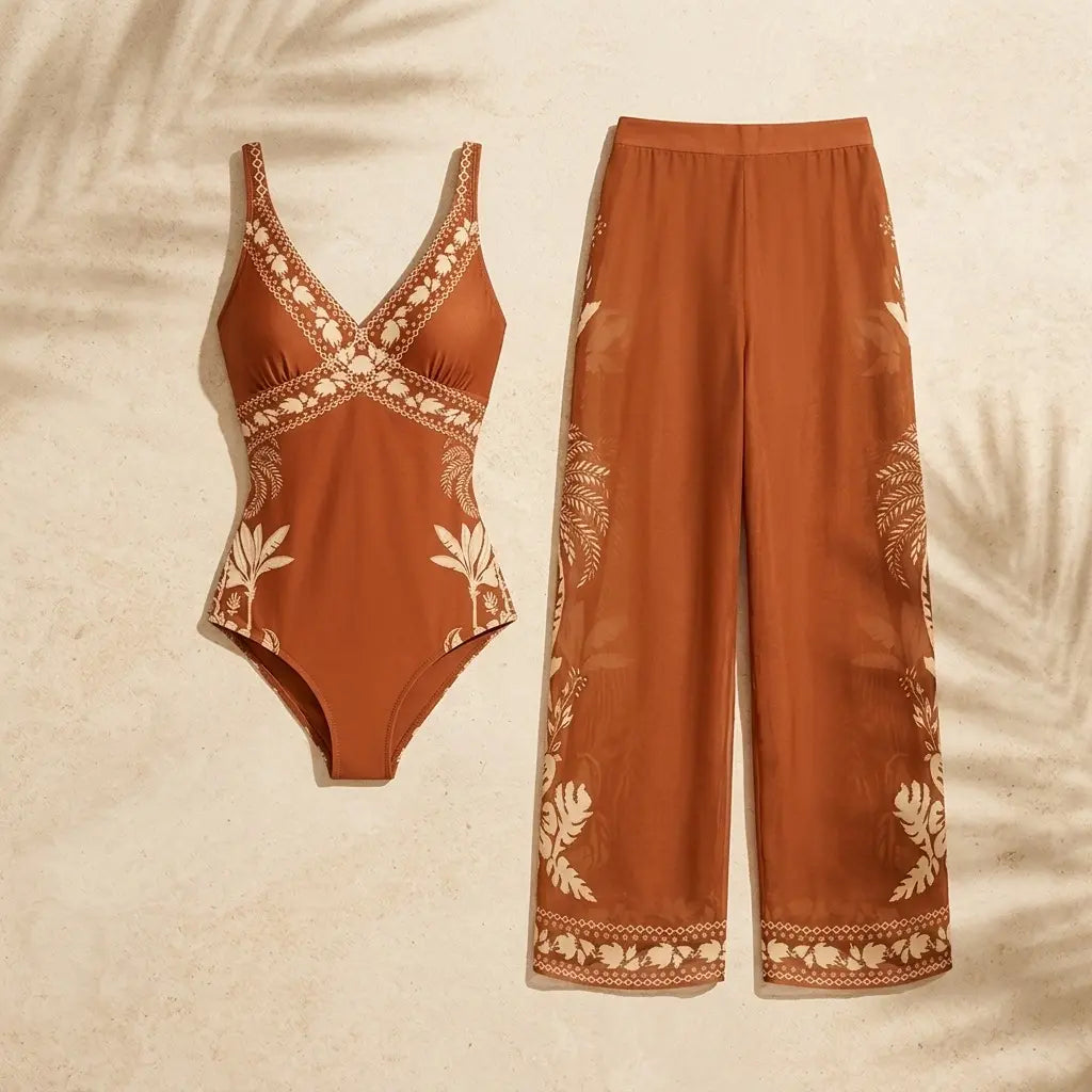 Rust Tropical Print Swimming Dress