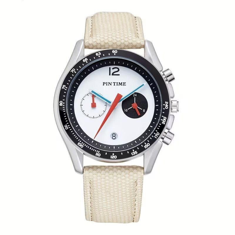 PINTIME Men's Quartz Watch | Chronograph Calendar 6-Hand | Waterproof Sports Watch | PU Leather Strap | Zinc Alloy Case