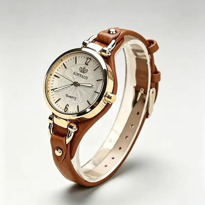 Women's Vintage Thin Band Round Quartz Watch | Brown PU Leather Strap | Elegant Wrist Watch